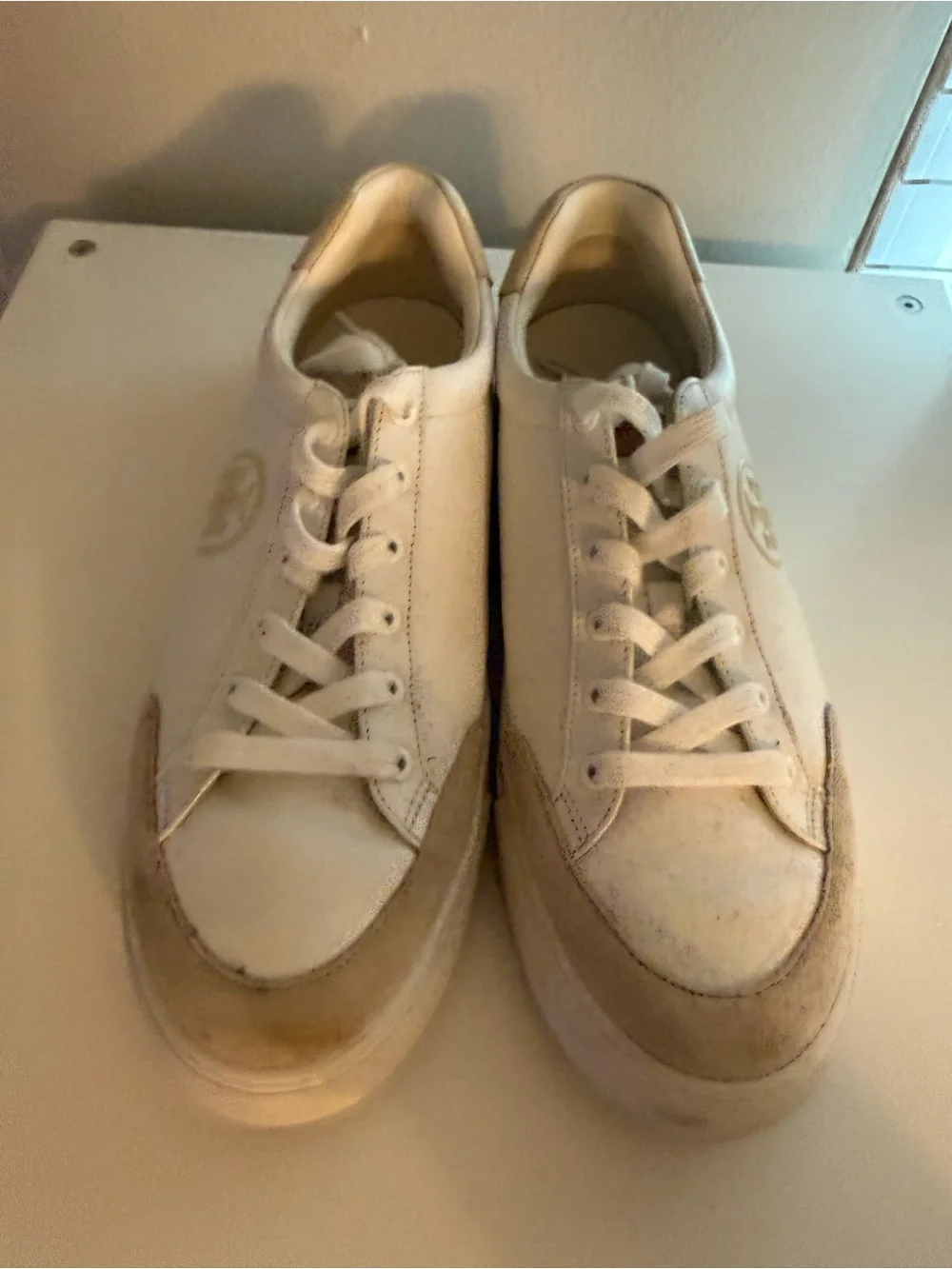 Tory Burch White and Beige Suede-Trim Leather Sneakers
